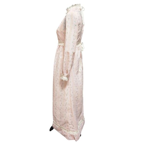 Vintage Handmade Nightgown Dress S Pink Floral Stripe Half Zip Lace Trim - Picture 10 of 15